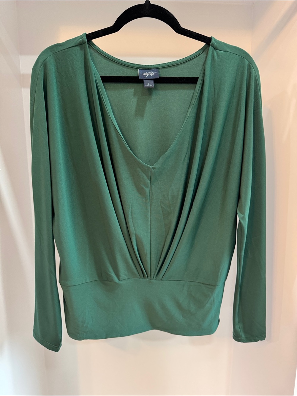 Daytrip Emerald Green Draped V-Neck Long Sleeve Top